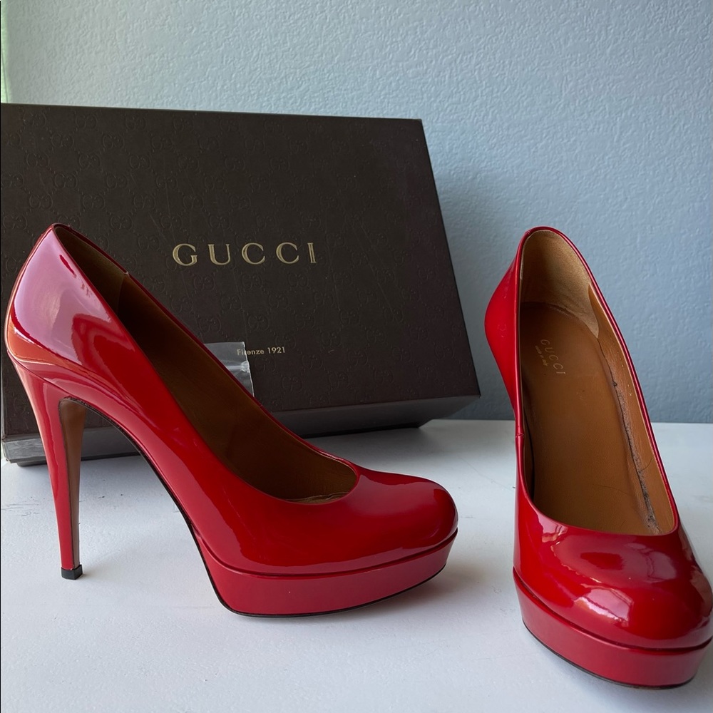 Gucci. Red Betty Patent Leather Platform Pumps.
